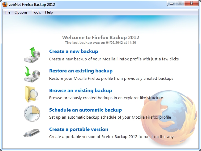 zebNet Firefox Backup 2012 3.5 screenshot